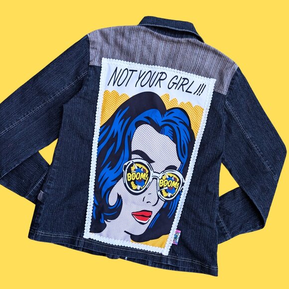 Handmade, Upcycled Pop-Art ''Not Your Girl!!!'' Denim Jacket Size US 14, XL - Picture 1 of 4